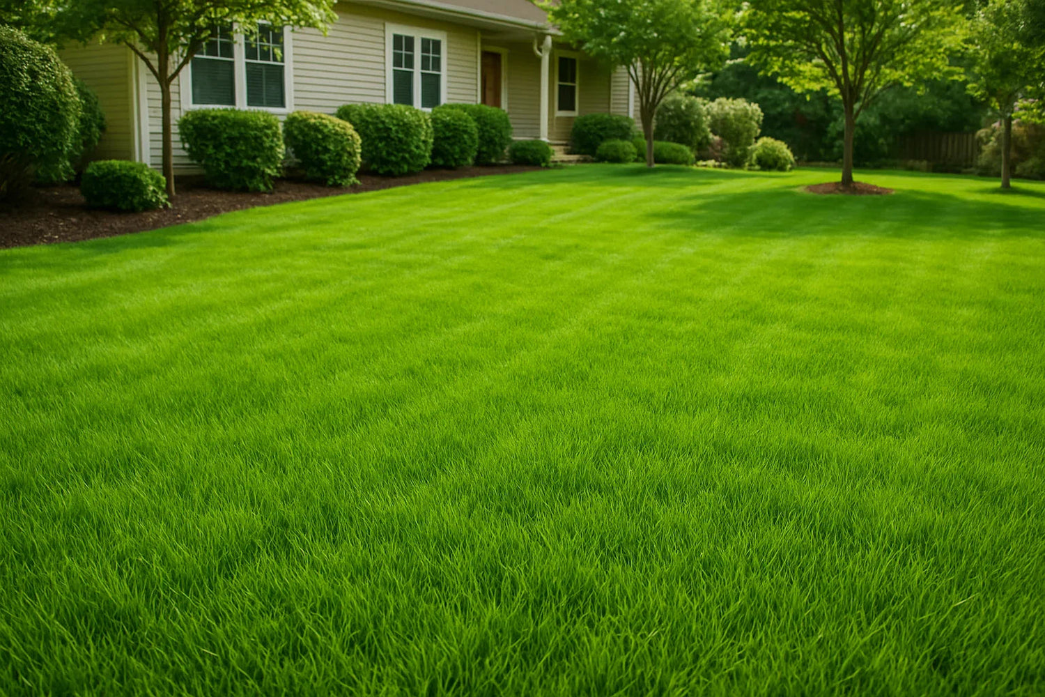 Freshly mowed green lawn in front of a suburban house with trees and neatly trimmed bushes